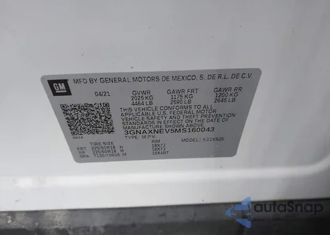 2021 Chevrolet Equinox Fwd Premier z USA, uszkodzony, nr VIN 3GNAXNEV5MS160043